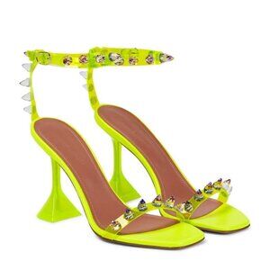 Amina Muaddi Neon Yellow Julia Heels W/ Spiked Ankle Strap, Size 40 (EU) 10 (US)